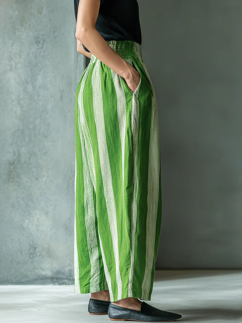 Women's loose casual linen striped wide-leg pants with high waist, European and American vacation style