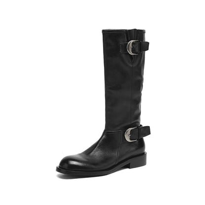 Women's chunky low-heeled leather round-toe knee-high boots in black