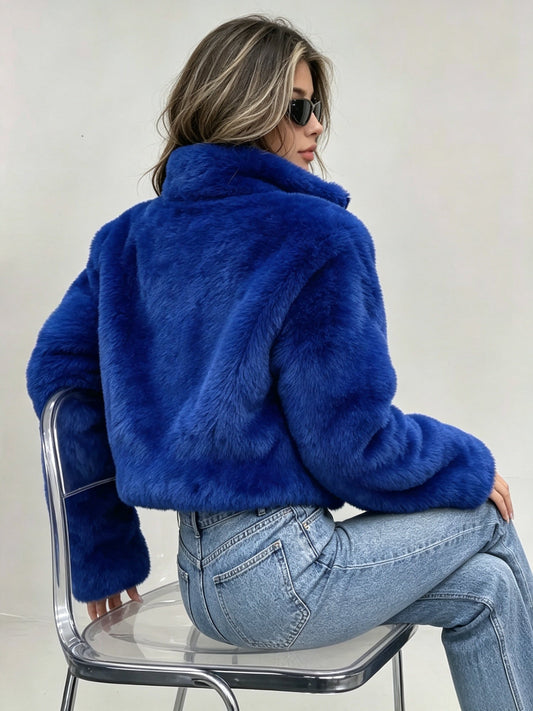 Women's cropped faux fur zip-up jacket with stand collar in type 4 design