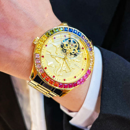 Men's fully automatic mechanical watch with large flywheel, black dial and stainless steel case