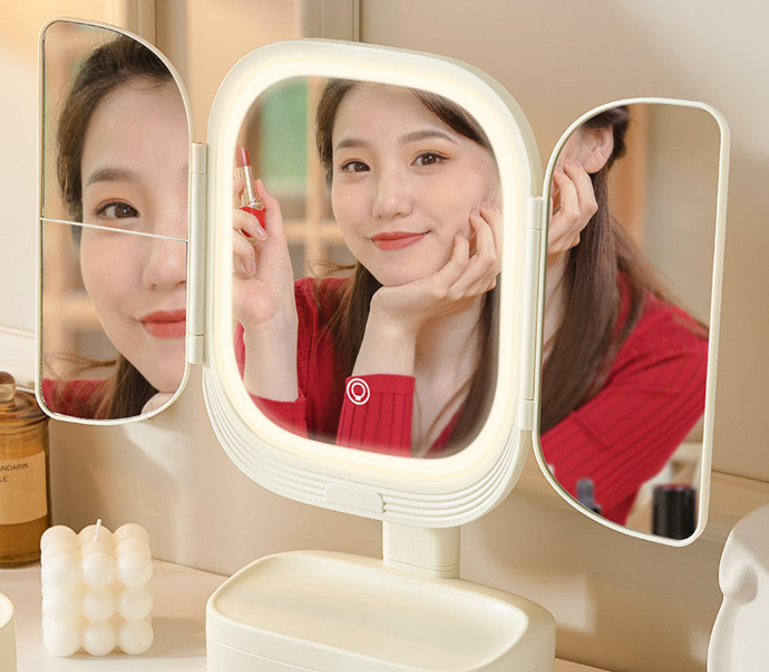 Foldable LED desktop cosmetic mirror with built-in light for household use
