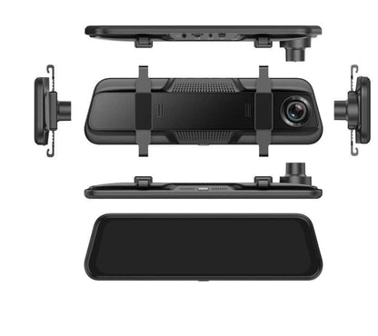 Front and rear dual recording rear view mirror dash cam with integrated display and vehicle camera view