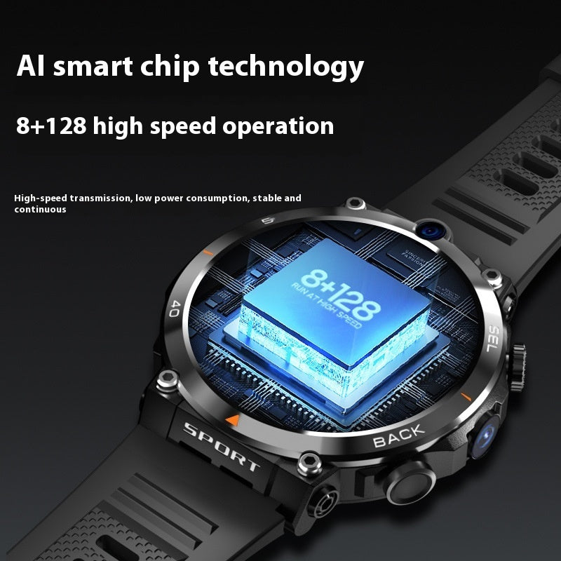H10 multi-function sports smart phone watch with dual cameras in black, front and side view