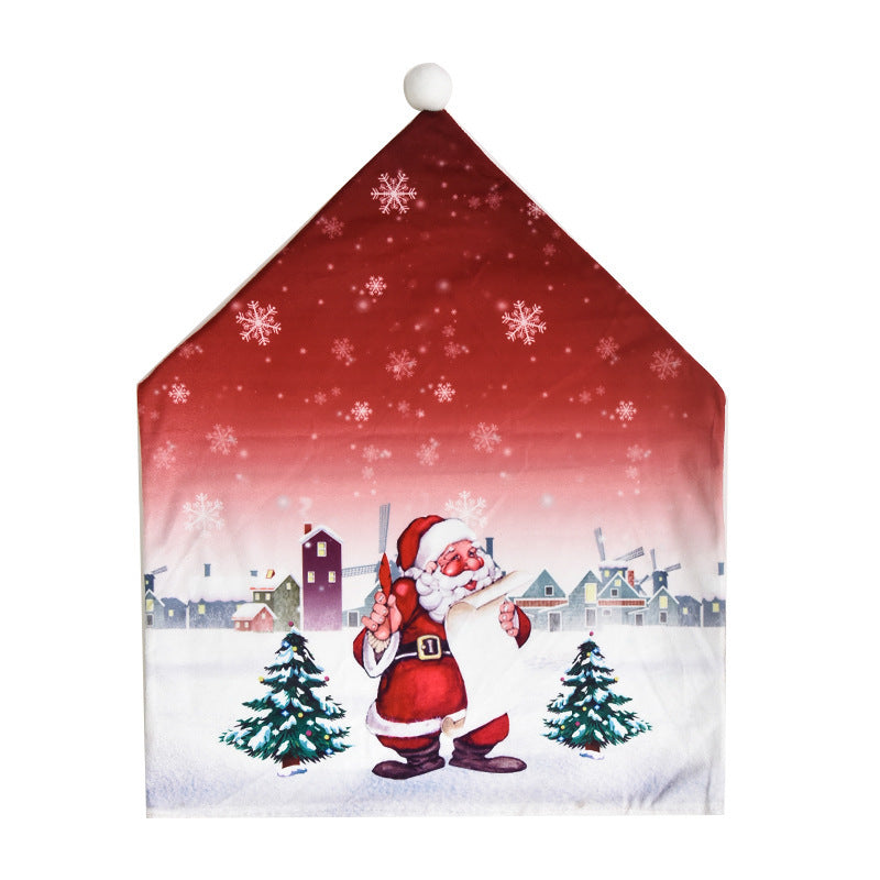 Christmas cartoon chair cover decorations in festive holiday design, shown on a dining chair