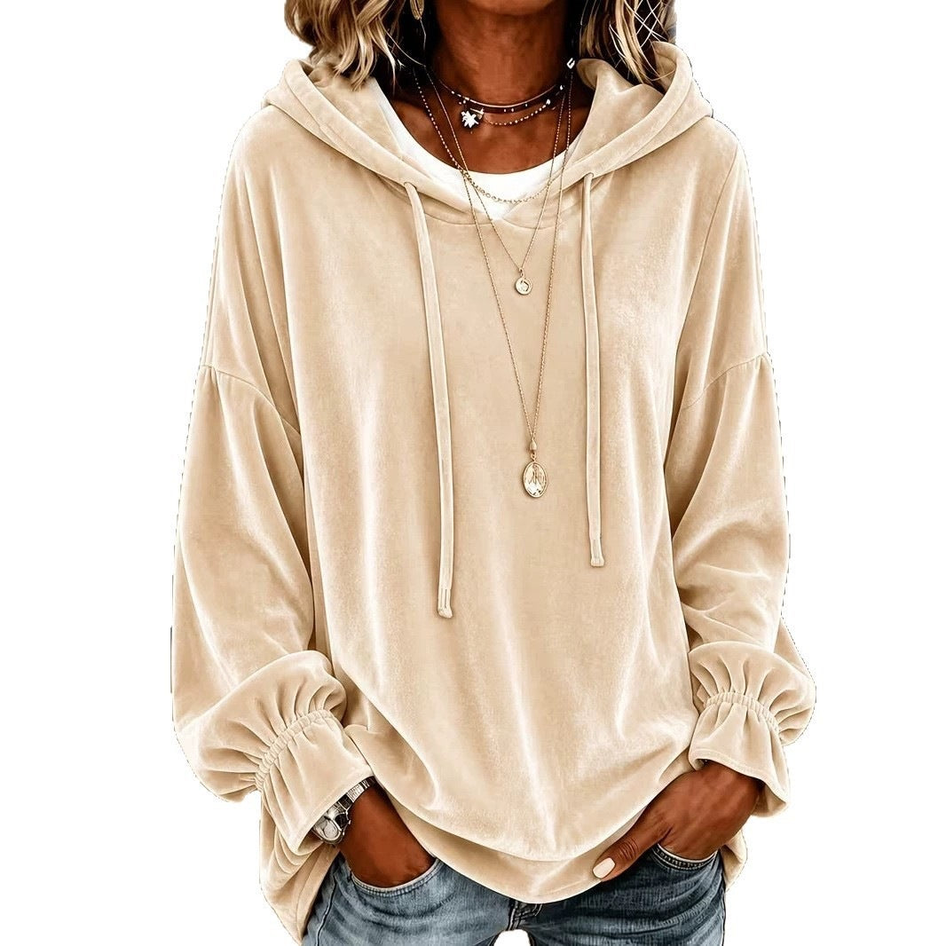 Women's loose hooded velvet sweater with drawstring, 2026 autumn and winter fashion garment