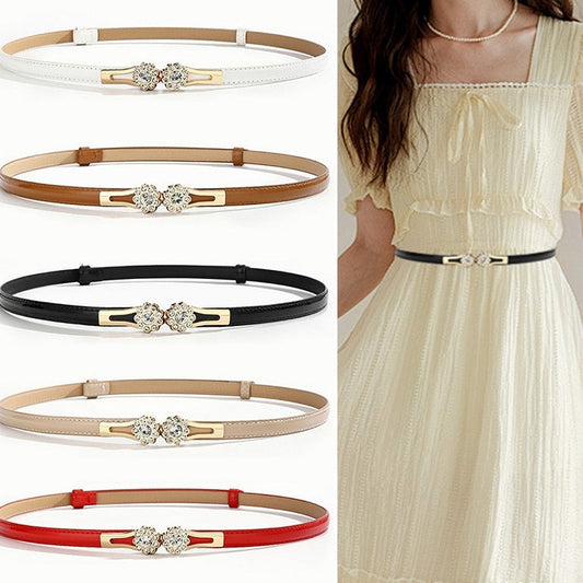Adjustable rhinestone flower thin decorative belt for women, close-up view