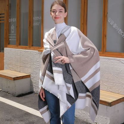 Women’s striped tassel cross-strap warm cape shawl in a cozy wrap design
