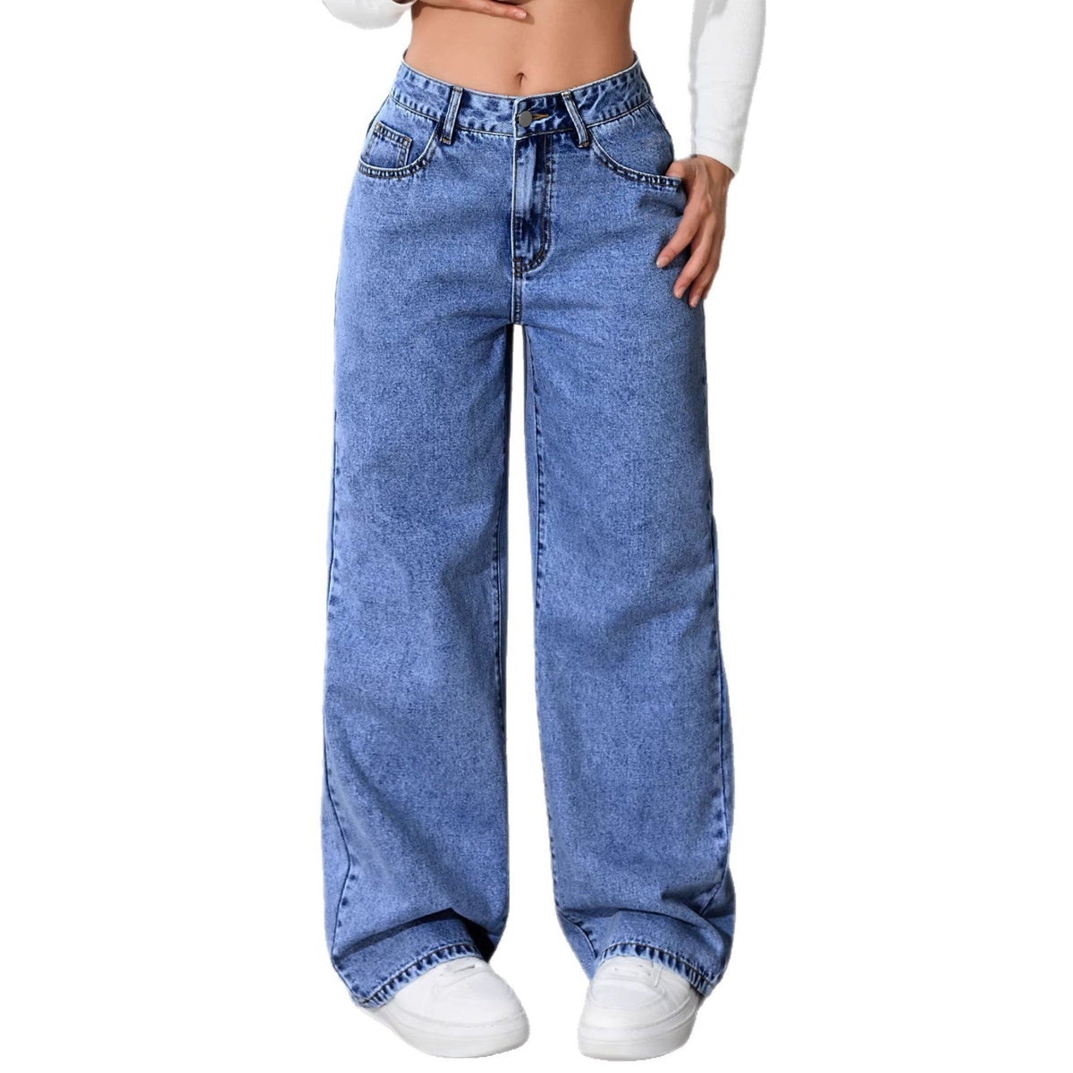 Draped floor-length black straight-leg jeans displayed against a plain background
