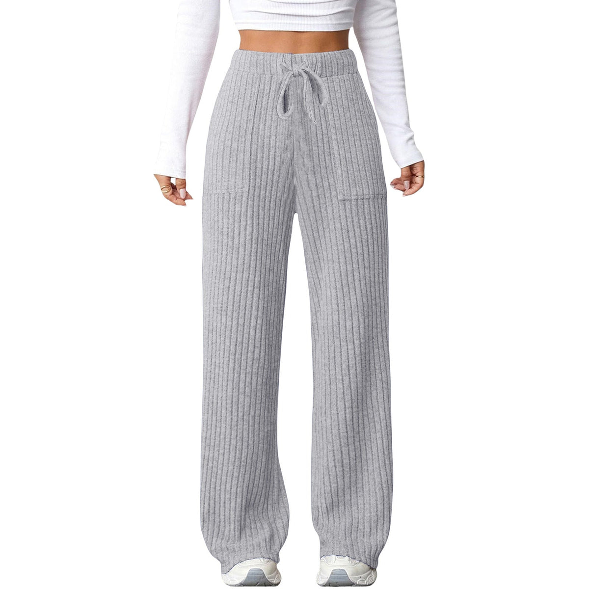 Women's solid-color ribbed casual pants with side pockets, My Store