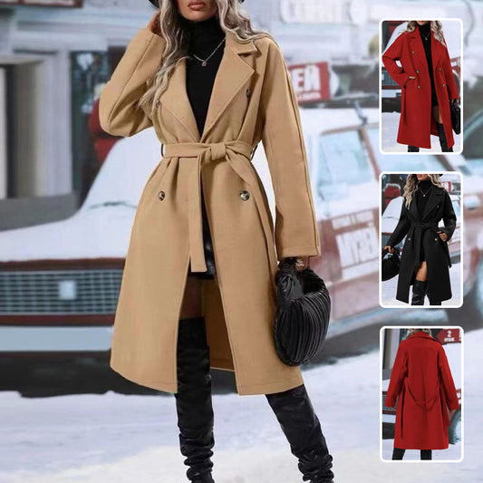 Women's double-breasted trench coat with lapel collar, belt, solid color, and long winter jacket styling
