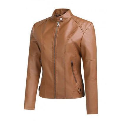 Women's fashionable short washed-leather zip-up jacket from My Store, front view