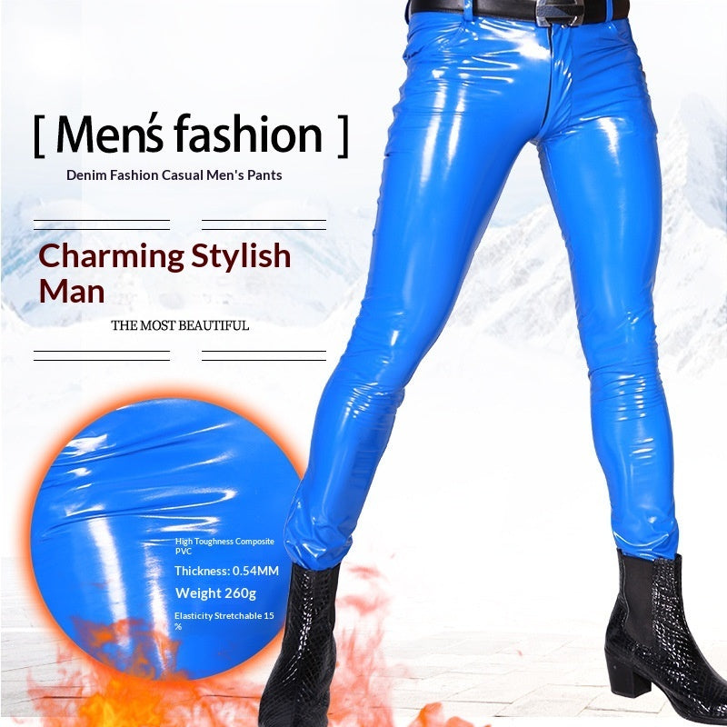 Men's mirrored PU latex faux leather pants in black with a glossy reflective finish