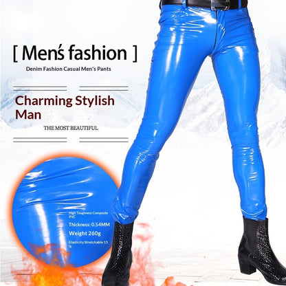 Men's mirrored PU latex faux leather pants in black with a glossy reflective finish