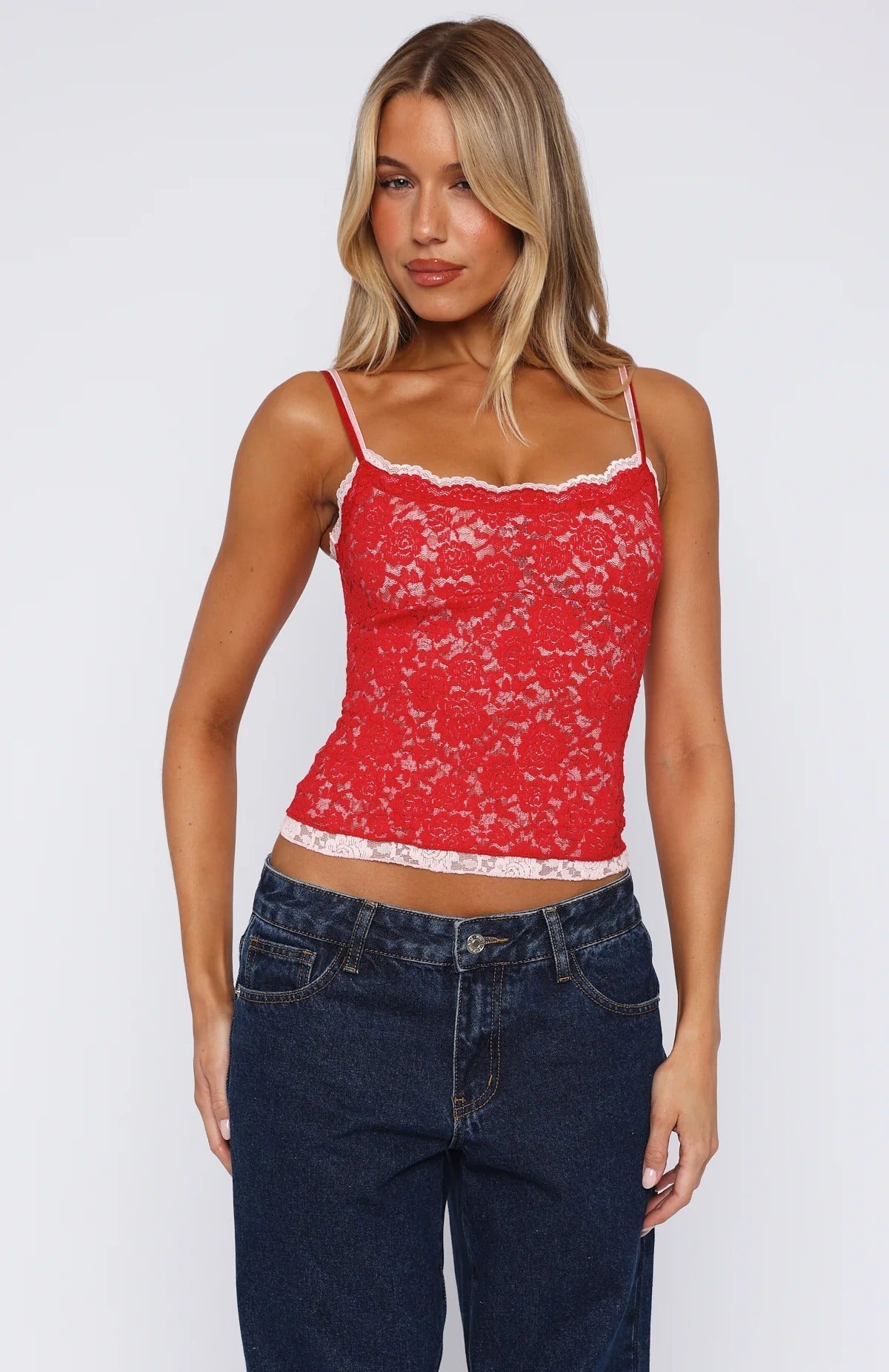 Women's two-color lace jacquard camisole top with delicate straps and a chic, sexy design