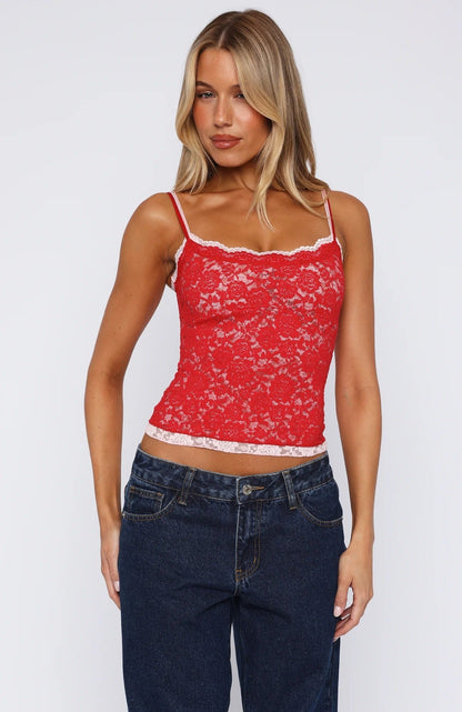 Women's two-color lace jacquard camisole top with delicate straps and a chic, sexy design