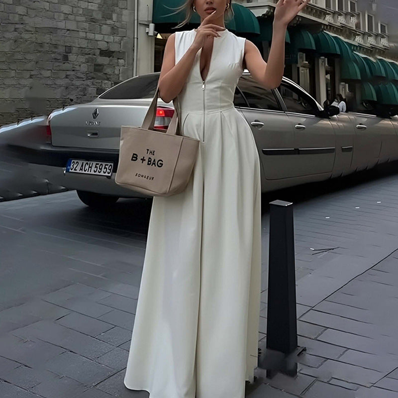 Women's summer solid-color loose wide-leg jumpsuit in European and American style, casual fashion design