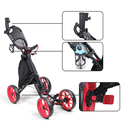 Foldable four-wheel golf trolley for carrying golf supplies, shown in compact design