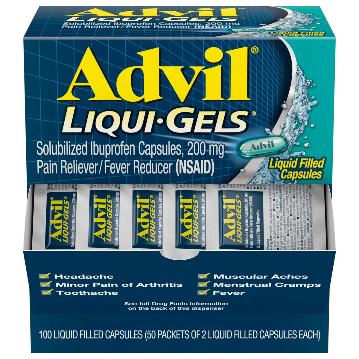 Advil Liqui-Gel capsules by BACKUPMYFILESNOW® in a blister pack, containing 100 ibuprofen pain and fever relief capsules.