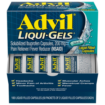 Advil Liqui-Gel capsules by BACKUPMYFILESNOW® in a blister pack, containing 100 ibuprofen pain and fever relief capsules.