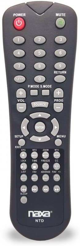Naxa original replacement remote control for Naxa NT and NTD 12V TVs and TV/DVD combo players, black with multiple buttons