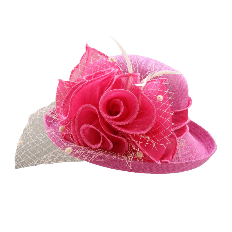 Banquet flower top hat with curled brim sun hat, showing floral detailing and structured crown
