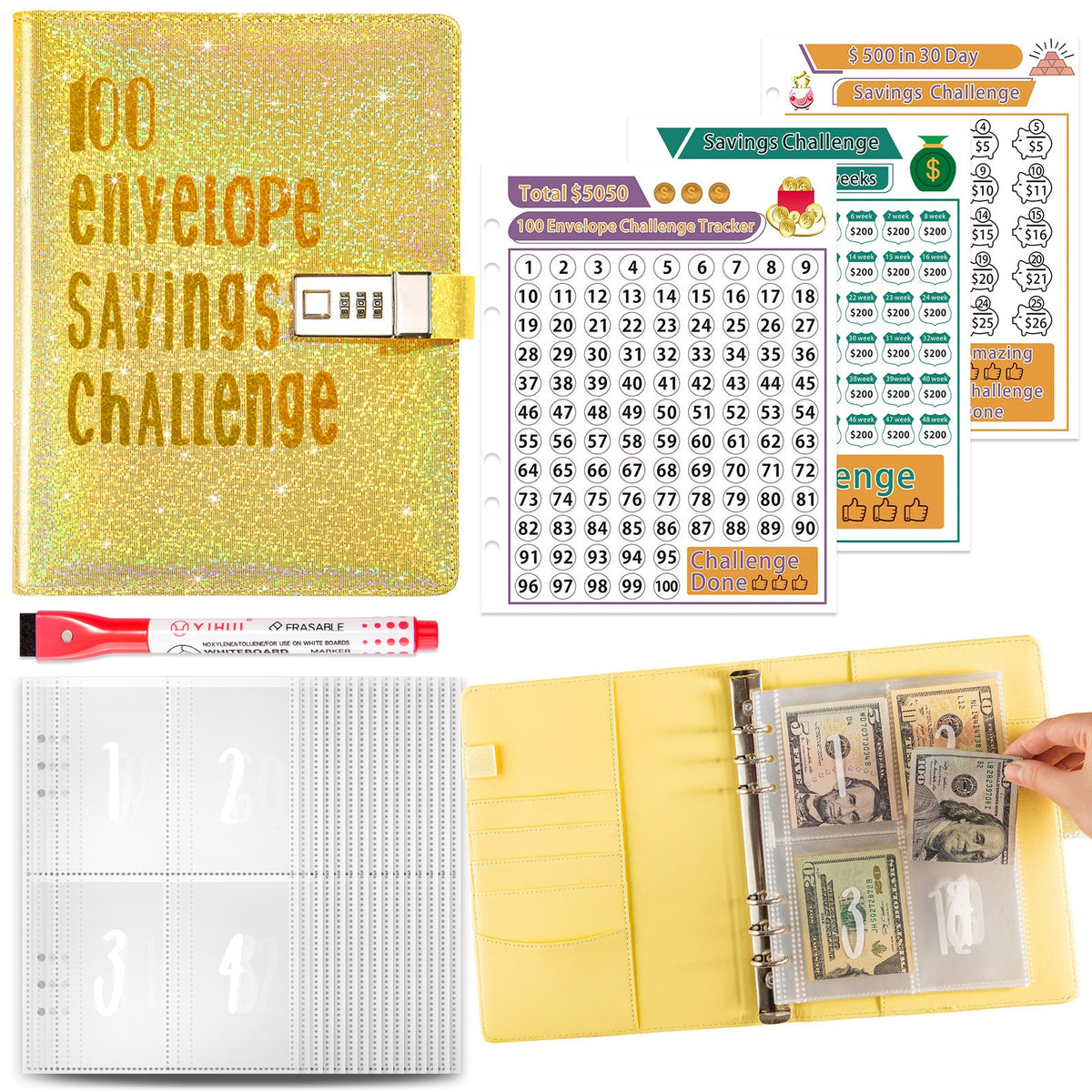 5A Money Saving Challenge Planner with organized savings tracking pages