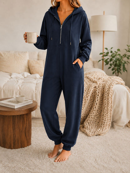 Hooded zip-up casual loose-fitting jumpsuit in a relaxed design by My Store