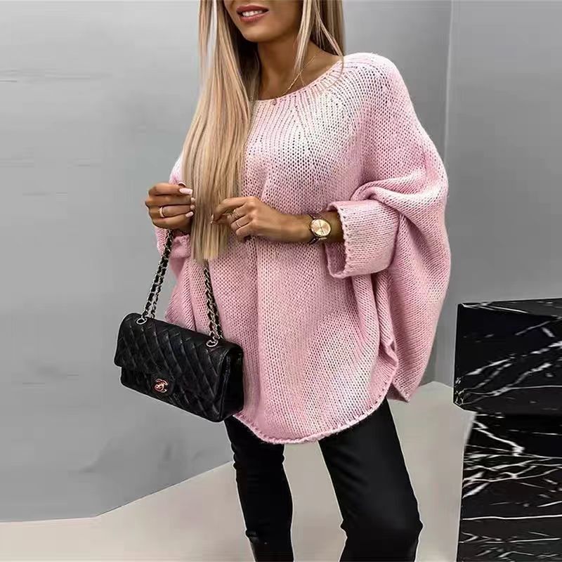 Winter oversized knitted pullover sweater with loose batwing sleeves and shawl neckline for women