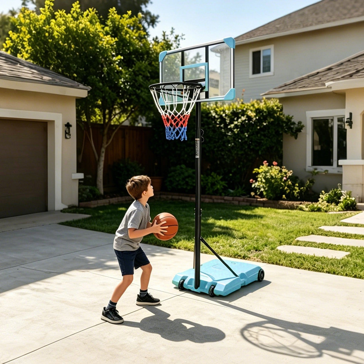 Kids basketball hoop by GBruno Store with adjustable height 5.6-7ft and wheels for easy movement, suitable for outdoor play.