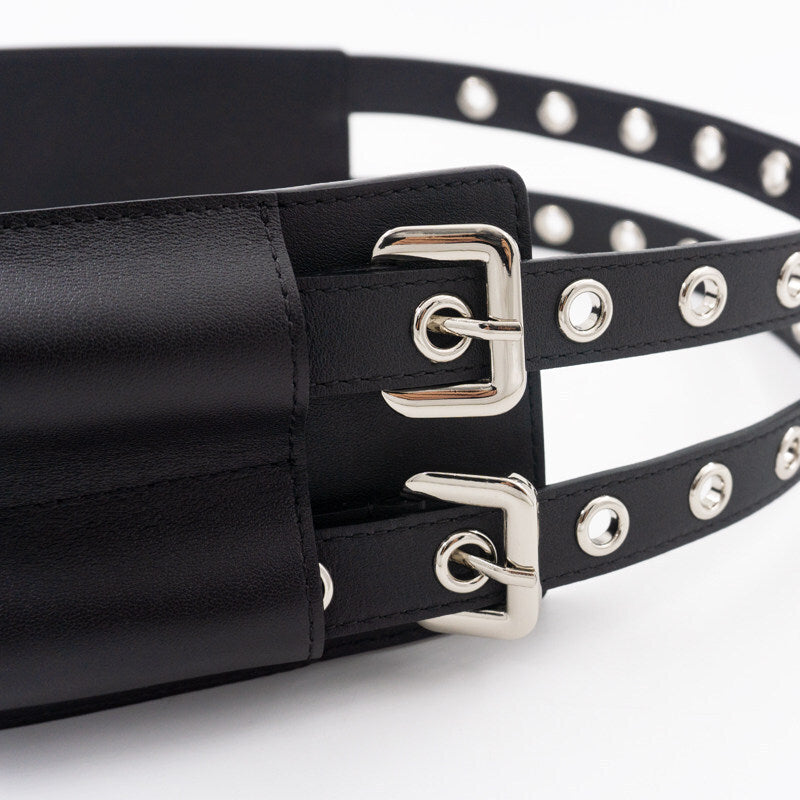 Women's leather wide belt-decorated dress, front view