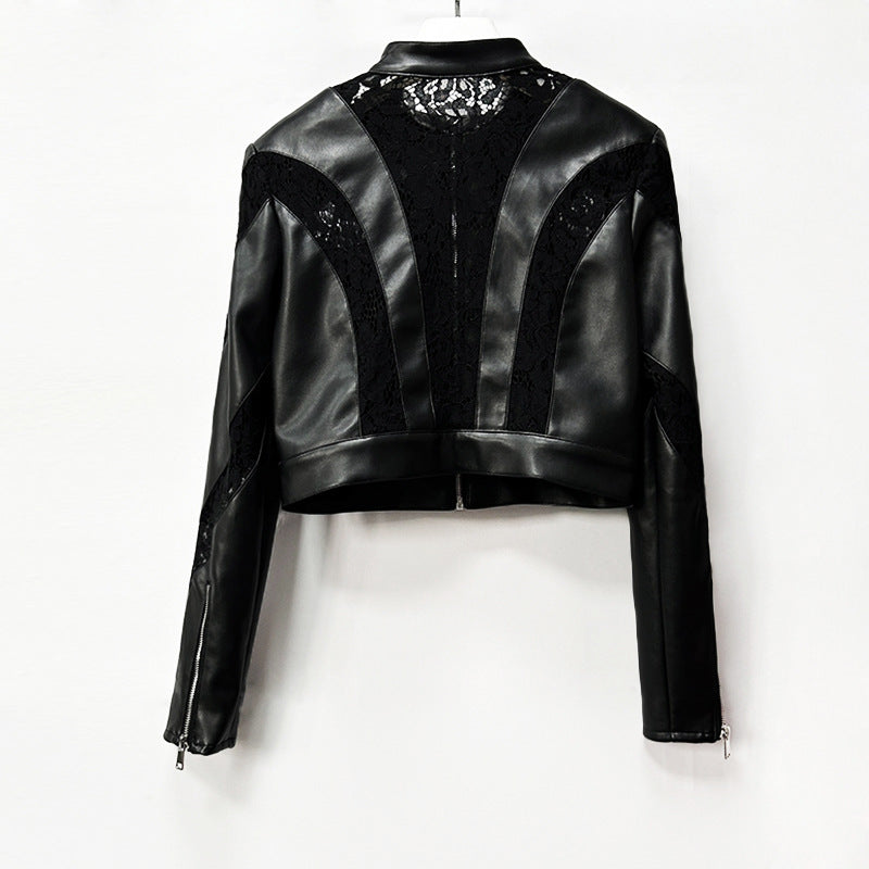Faux leather lace patchwork cropped jacket with lace panels and structured silhouette