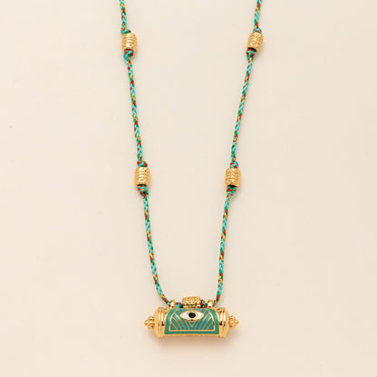 Evil eye kaleidoscope necklace clavicle chain with colorful geometric pendant close-up