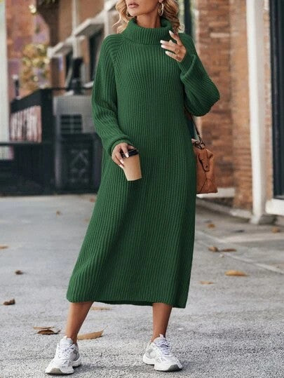Women’s winter turtleneck knitted sweater dress in a solid color with a loose pullover fit and long silhouette