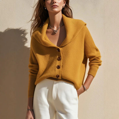 Women's shawl-collar button-front knitted cardigan sweater, shown from the front