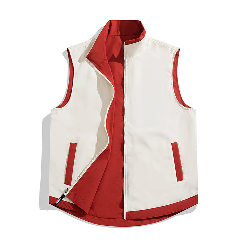 Color-block reversible vest jacket, front view in contrasting colors