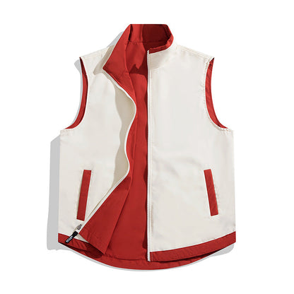 Color-block reversible vest jacket, front view in contrasting colors
