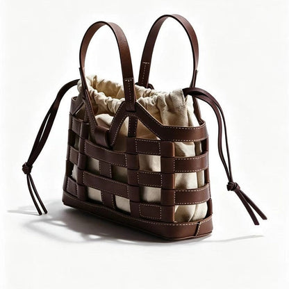 Creative hollowed-out niche patchwork tote bag with large-capacity design and drawstring closure