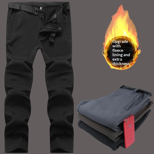 Men's outdoor softshell insulated trousers for cold weather, shown in a durable full-length design