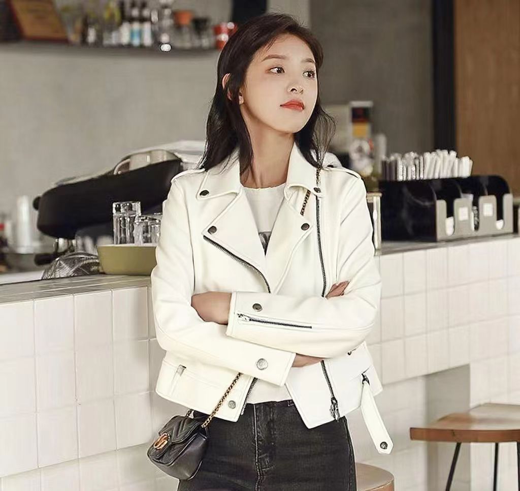 Short slim-fit PU leather jacket by My Store in a sleek cropped design
