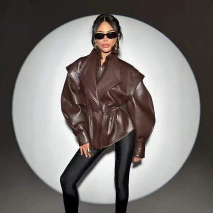Women's loose leather jacket with turn-down collar by My Store