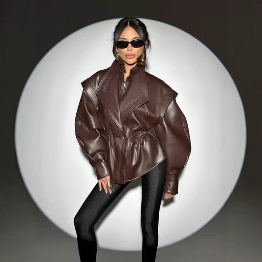 Women's loose leather jacket with turn-down collar by My Store
