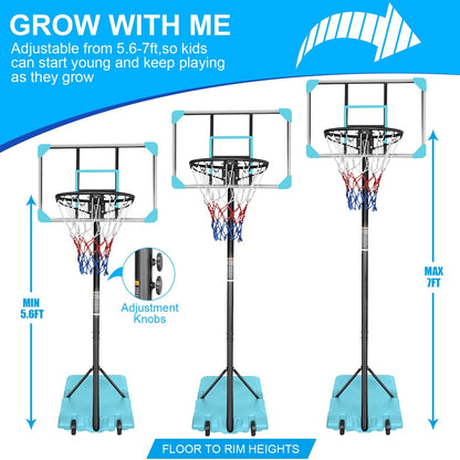 Kids basketball hoop by GBruno Store, adjustable height 5.6-7ft with wheels, featuring a backboard and basketball net.