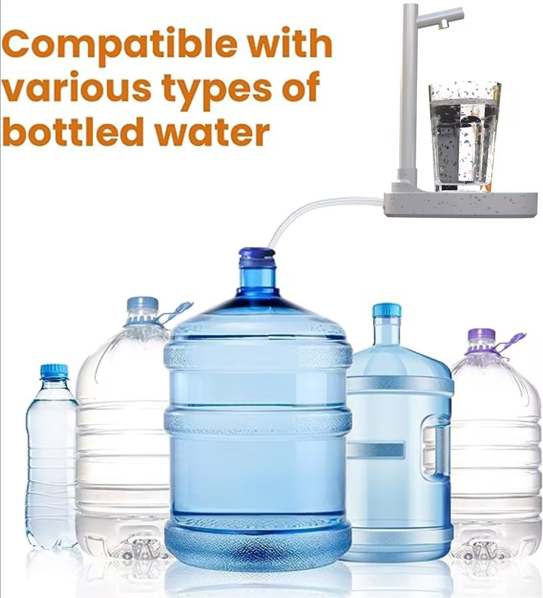 Automatic desktop water dispenser with stand and added extension tube for water bottles, rechargeable design