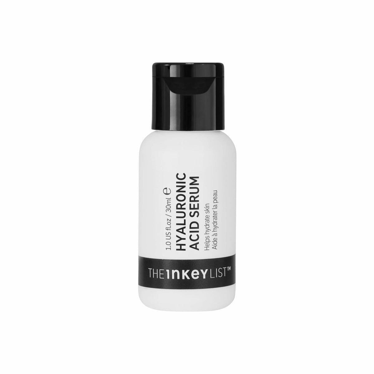 The INKEY List Hyaluronic Acid Serum 1oz bottle showing hydrating and plumping skincare benefits for smooth, youthful skin.