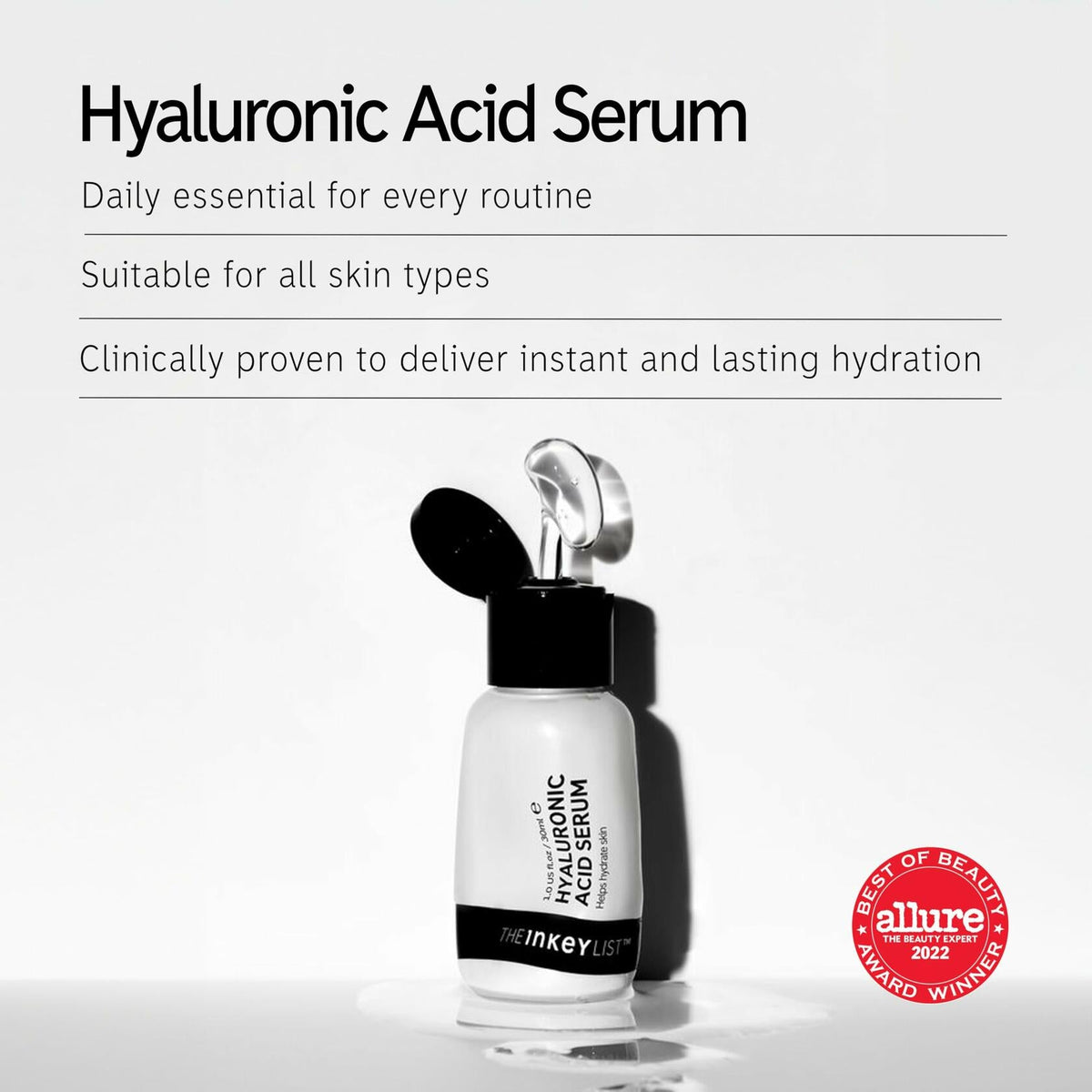 The INKEY List Hyaluronic Acid Serum in 1oz bottle, hydrating and promoting plump, smooth skin, part of anti-aging skincare.