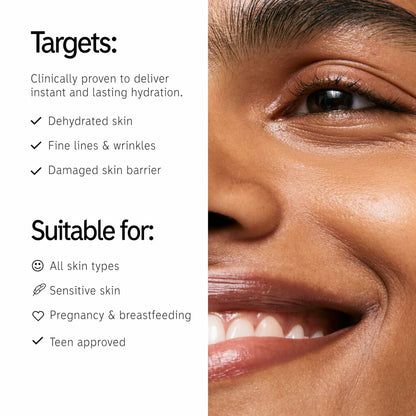 The INKEY List Hyaluronic Acid Serum 1oz bottle showing hydrating, plumping, and smooth skin benefits in a clear glass bottle.