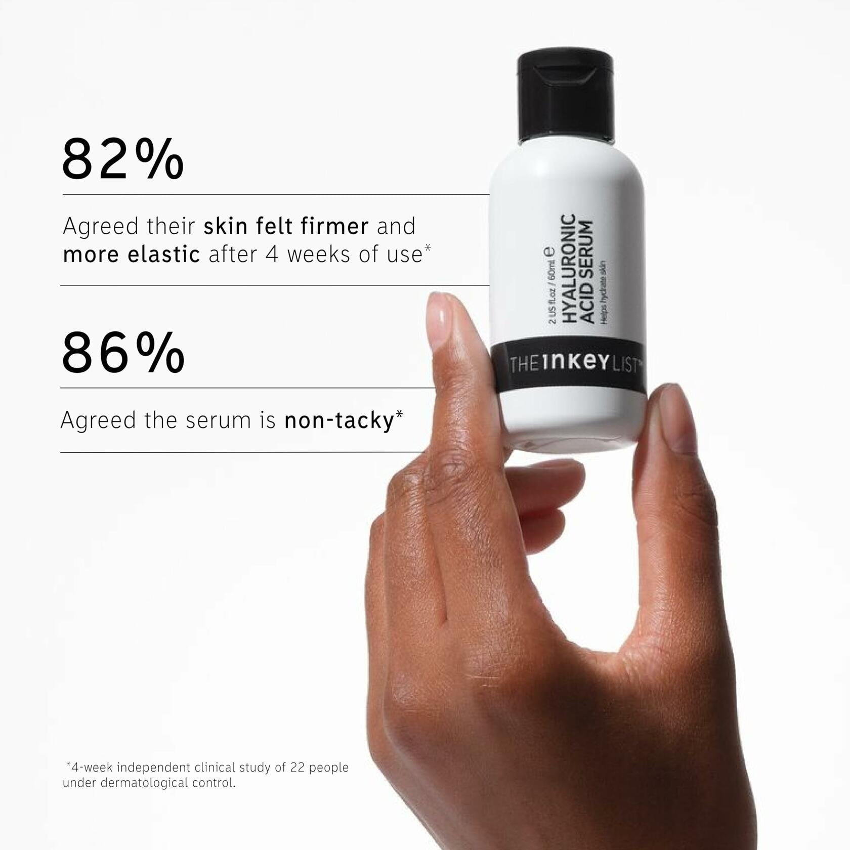 The INKEY List Hyaluronic Acid Serum 1oz bottle, hydrating anti-aging serum for plump, smooth skin in a clear bottle with dropper
