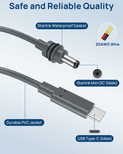 Starlink Mini USB-C to DC power cable in black, 6.5ft length, portable accessory for electronic devices, by Deal US.