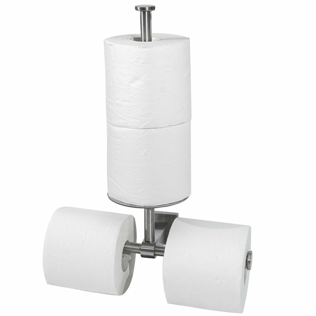 Double stainless steel wall-mounted toilet paper holder with shelf, ideal for bathroom storage and organization.