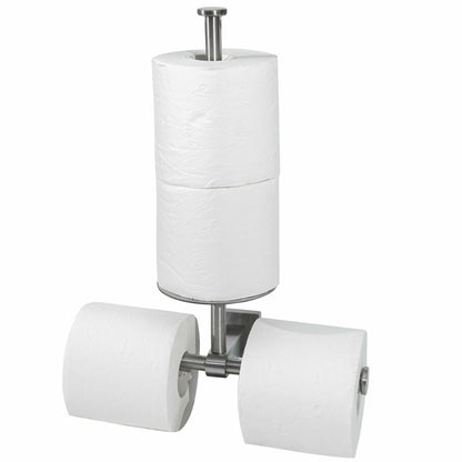 Double stainless steel wall-mounted toilet paper holder with shelf, ideal for bathroom storage and organization.